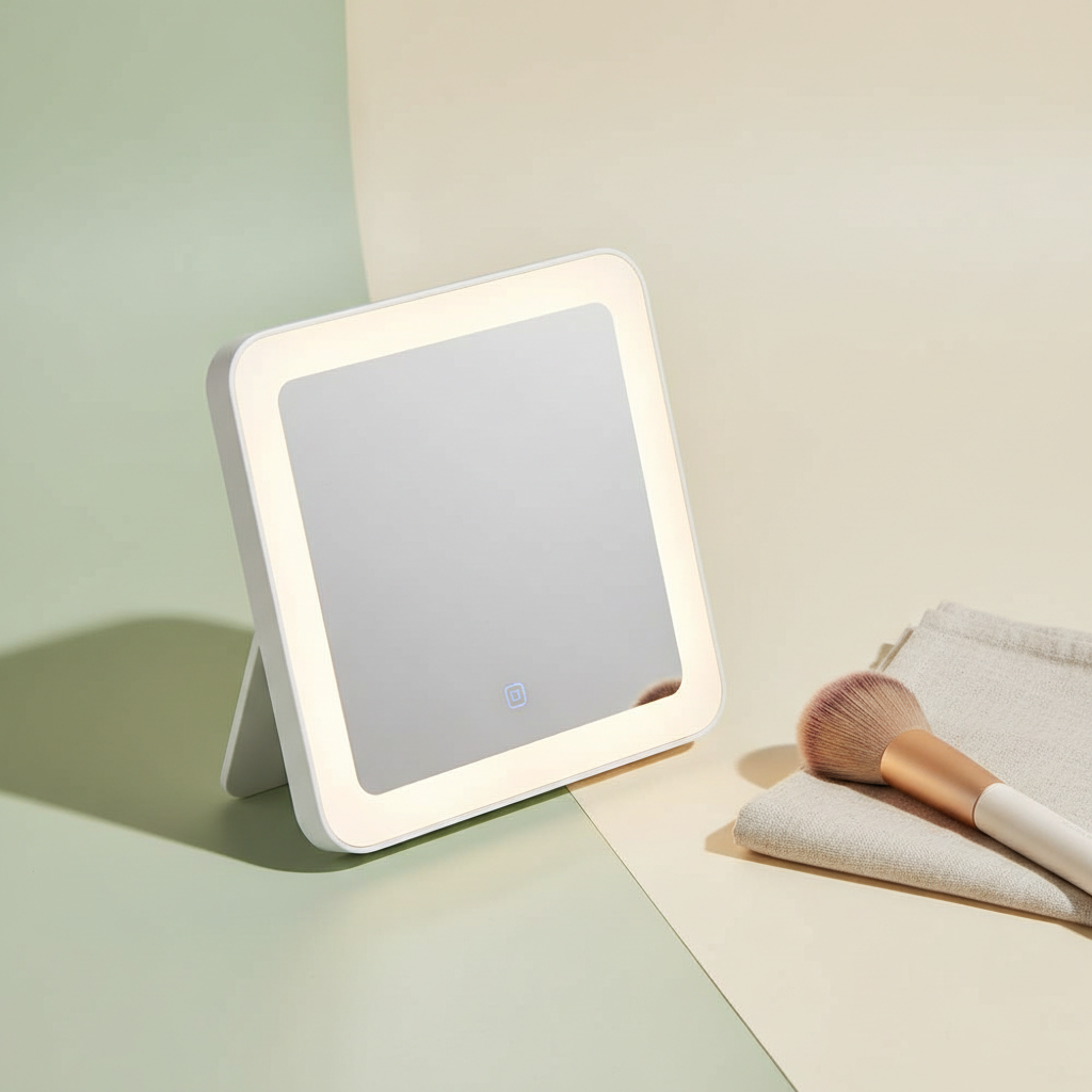 White LED vanity mirror on a pale sage green and cream tabletop