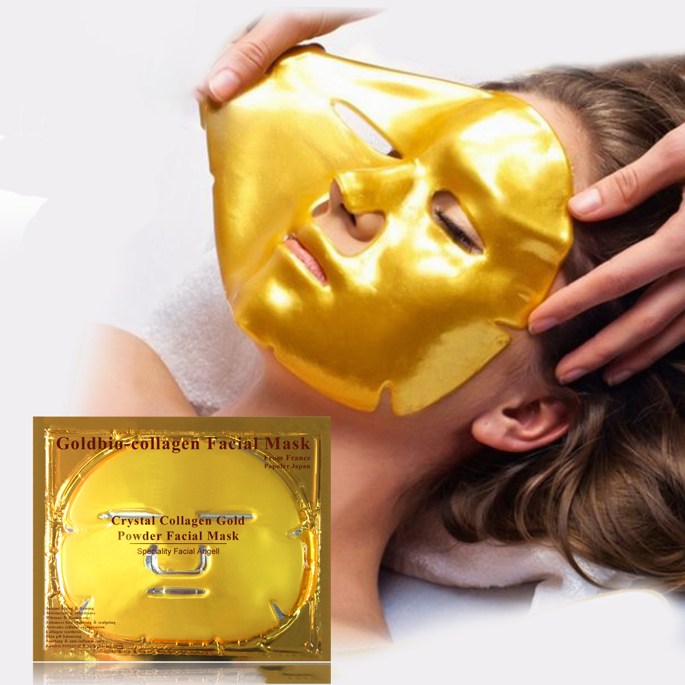 Model applying 24K gold collagen facial mask with product packaging