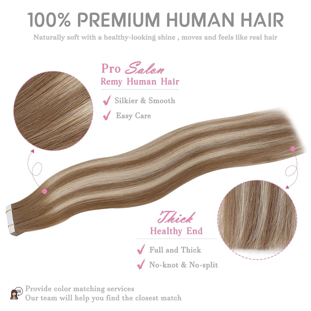 100% premium human hair tape-in extensions infographic showing pro salon remy hair silkier smooth easy care, thick healthy end full no-knot no-split with color matching service