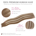 100% premium human hair tape-in extensions infographic showing pro salon remy hair silkier smooth easy care, thick healthy end full no-knot no-split with color matching service